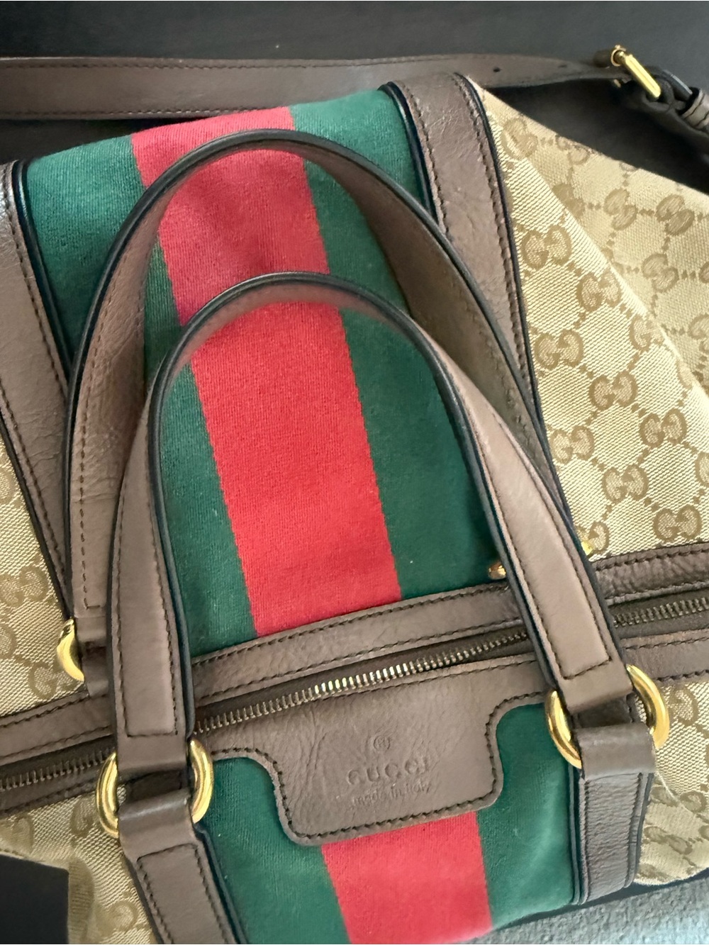 Gucci Beige GG Canvas Tote with Green and Red Center Stripe - Picture 12 of 12